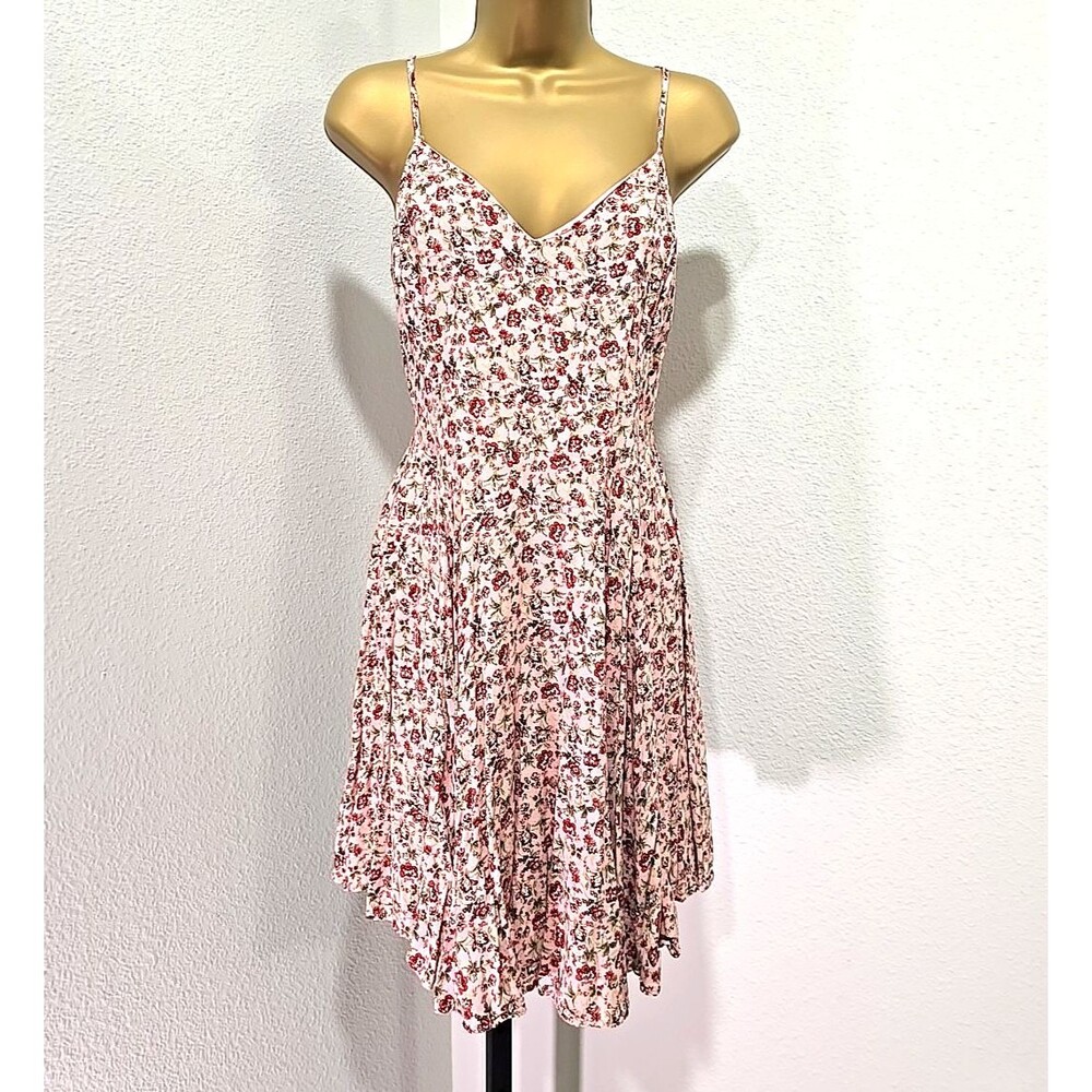 Pink Babydoll Ditsy Floral Dress Medium Back Lace Up Smocked Asymmetric Cottage